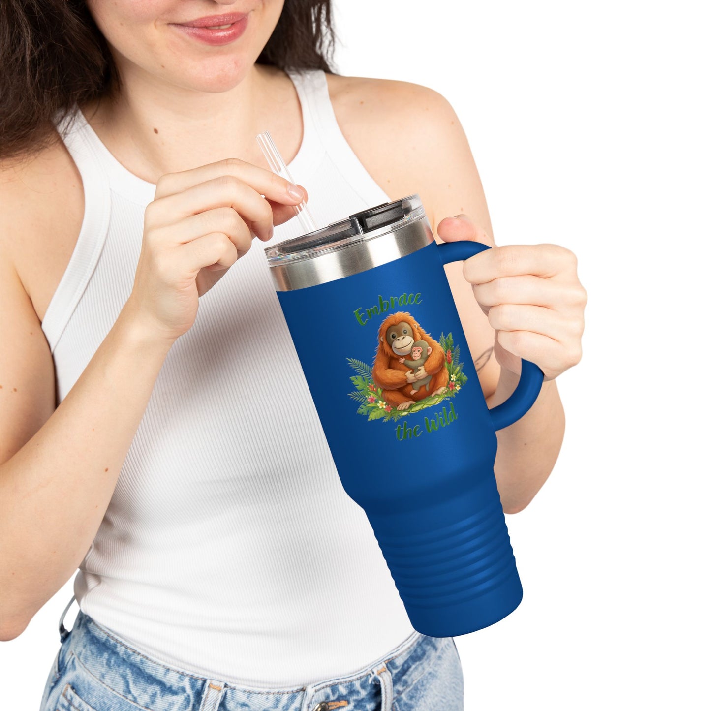 40oz Insulated Travel Mug — Orangutan hugging a Monkey - "Embrace the Wild" Design