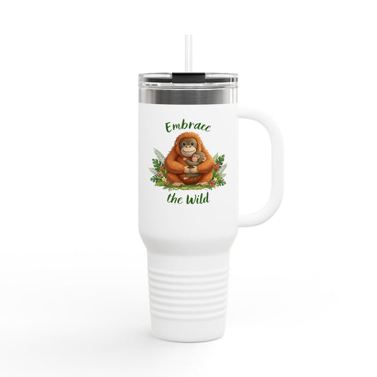40oz Insulated Travel Mug — Orangutan hugging a Monkey - "Embrace the Wild" Design