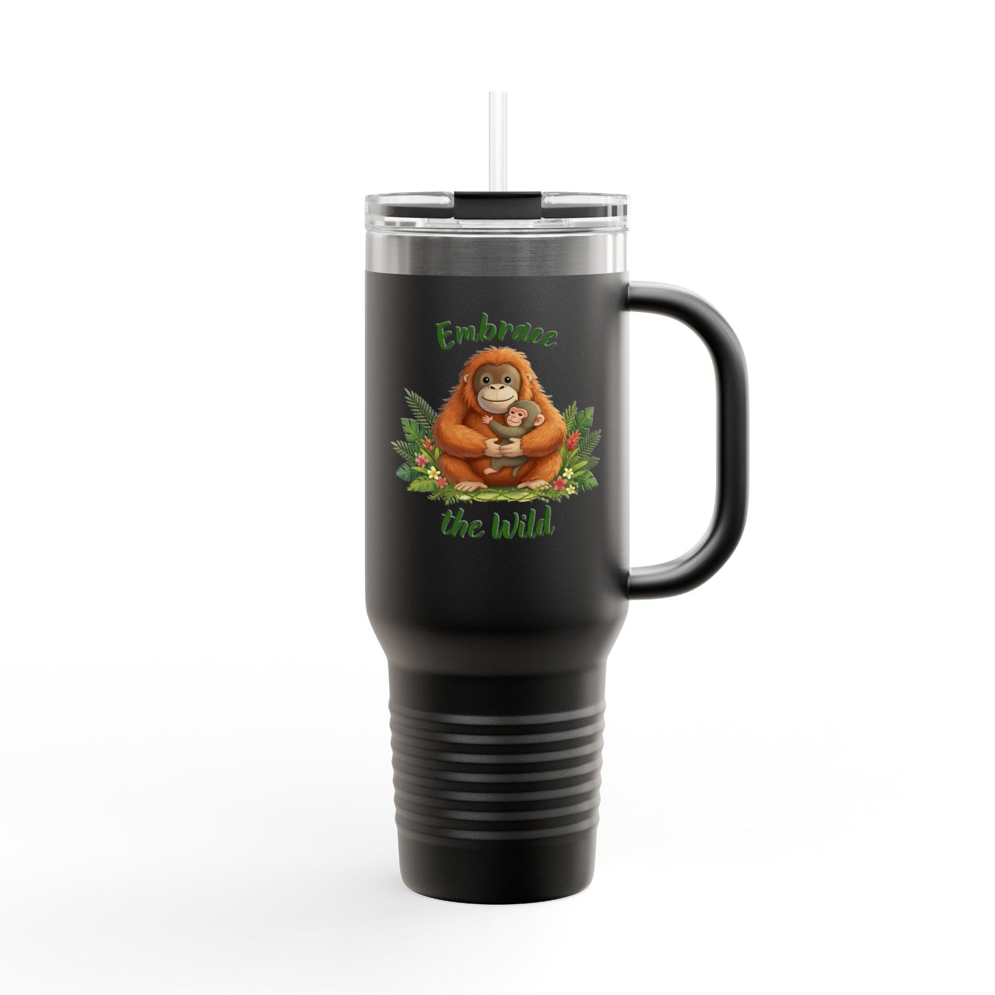 40oz Insulated Travel Mug — Orangutan hugging a Monkey - "Embrace the Wild" Design