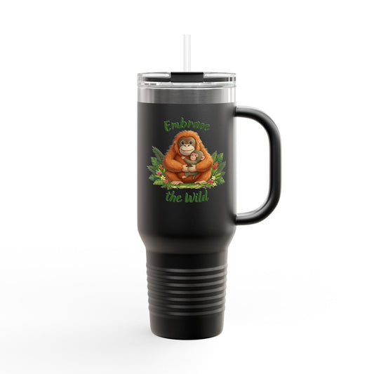 40oz Insulated Travel Mug — Orangutan hugging a Monkey - "Embrace the Wild" Design
