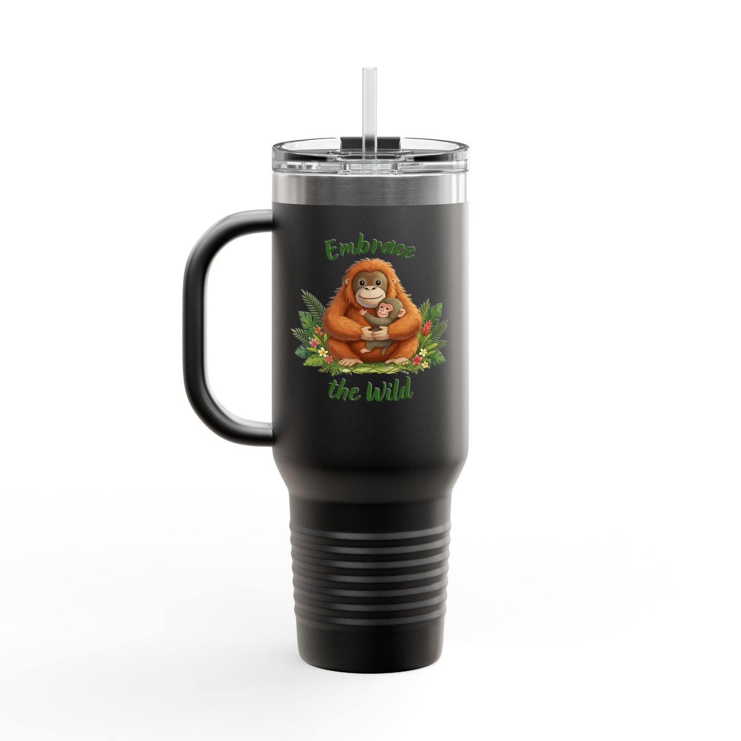 40oz Insulated Travel Mug — Orangutan hugging a Monkey - "Embrace the Wild" Design