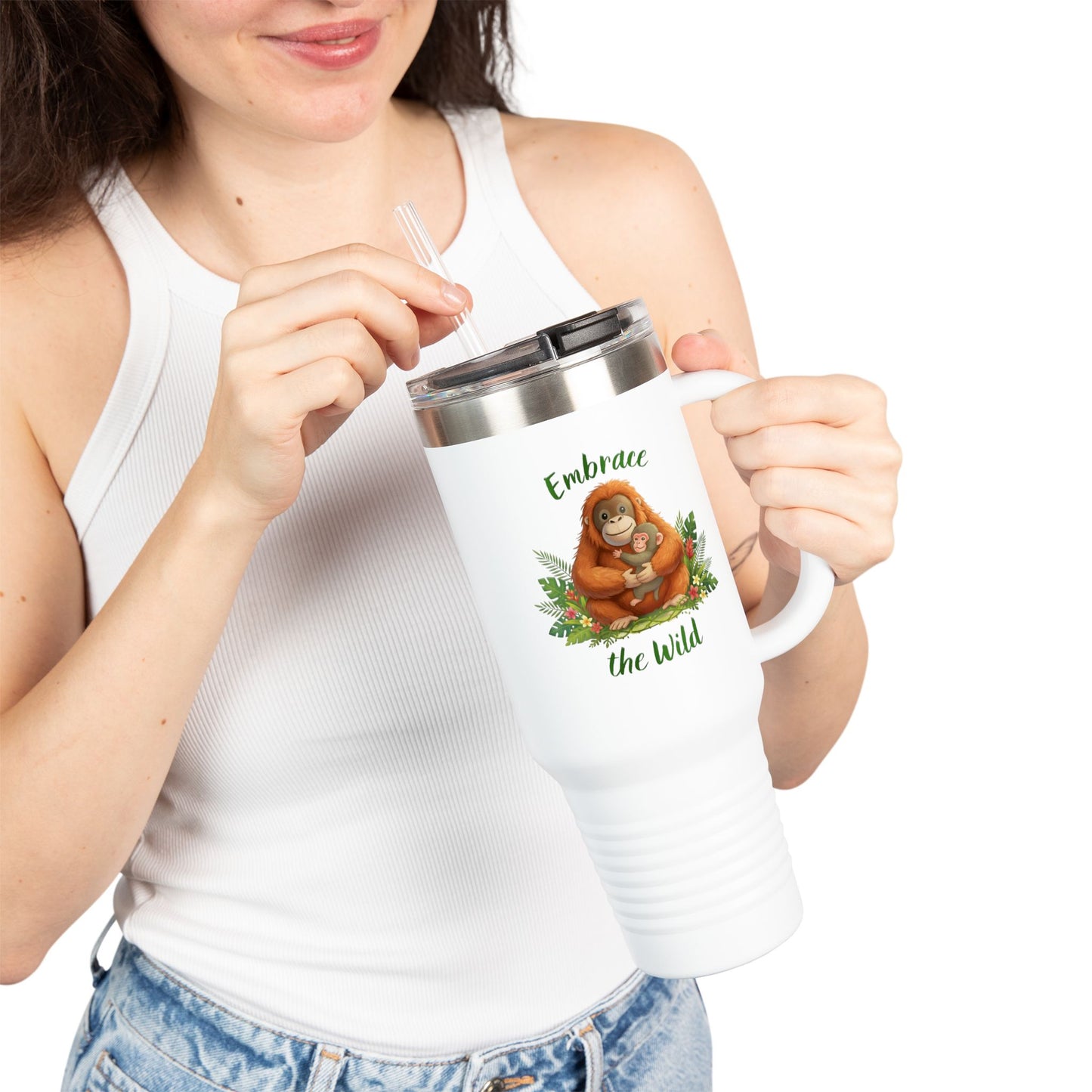 40oz Insulated Travel Mug — Orangutan hugging a Monkey - "Embrace the Wild" Design