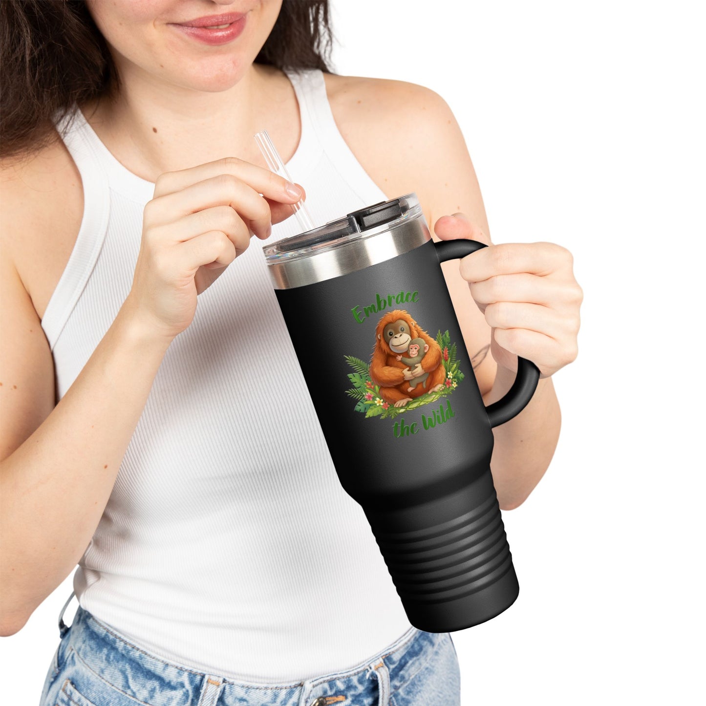 40oz Insulated Travel Mug — Orangutan hugging a Monkey - "Embrace the Wild" Design