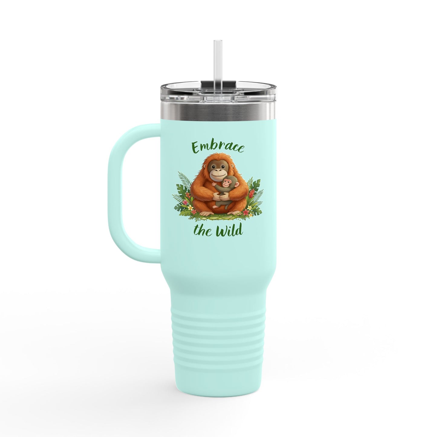 40oz Insulated Travel Mug — Orangutan hugging a Monkey - "Embrace the Wild" Design