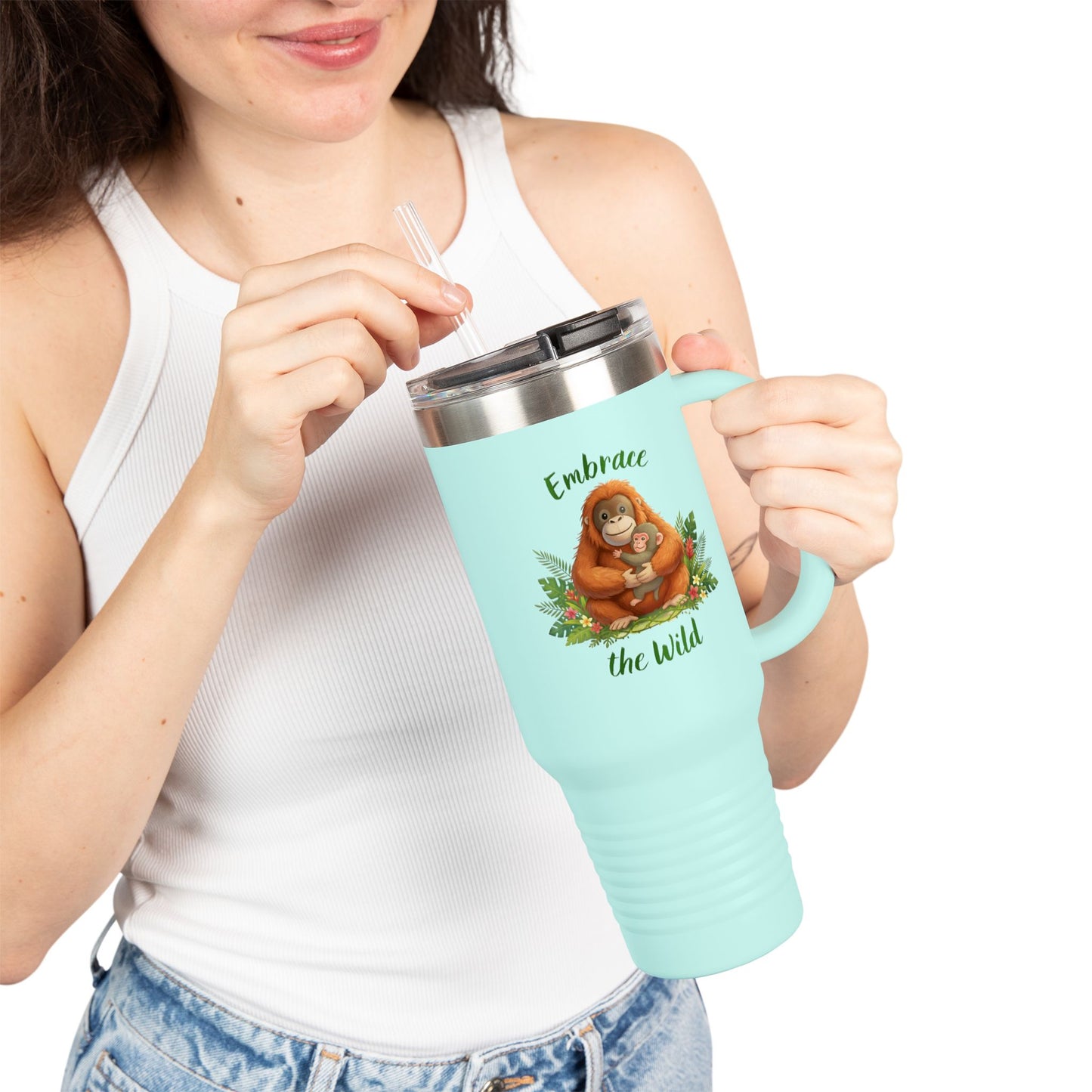 40oz Insulated Travel Mug — Orangutan hugging a Monkey - "Embrace the Wild" Design