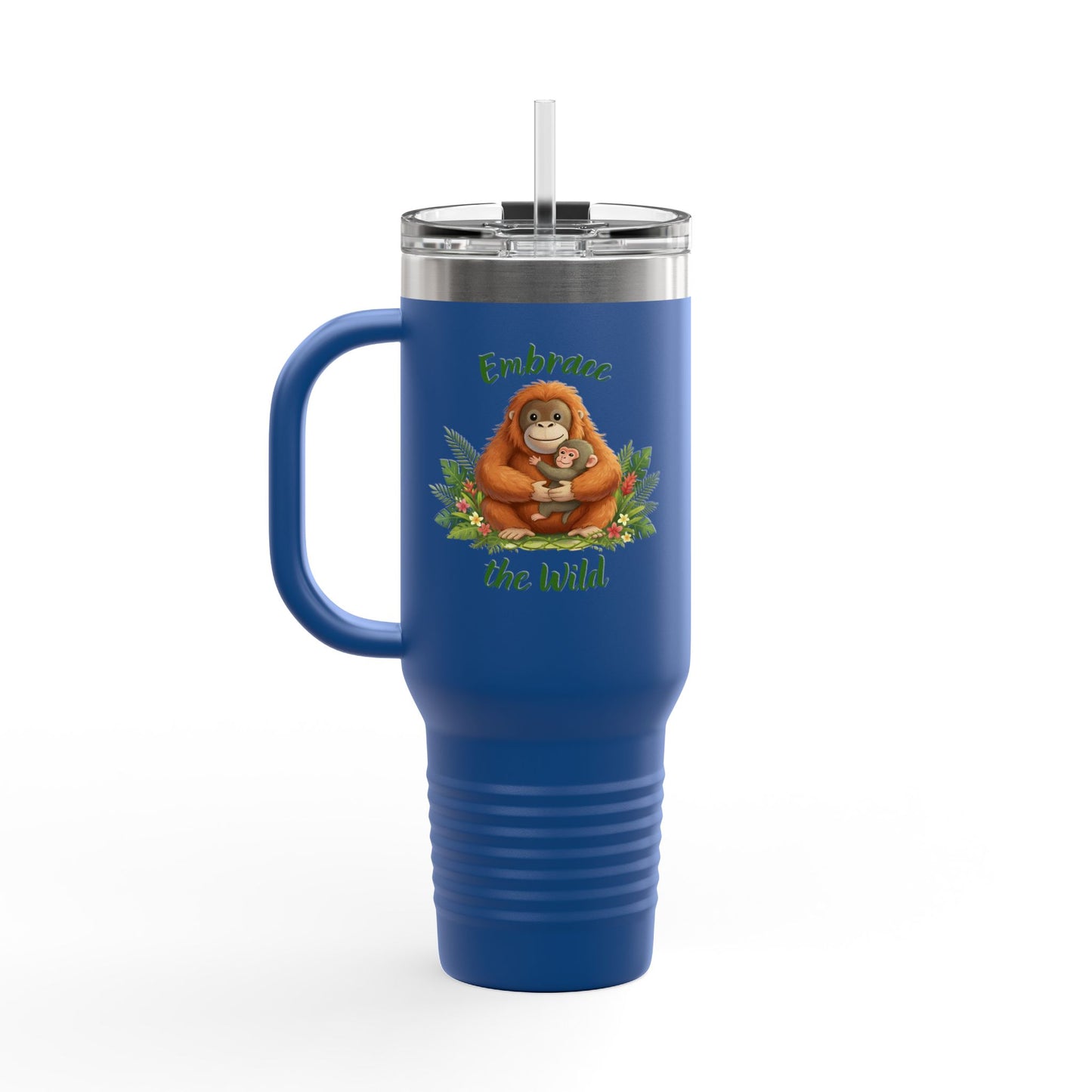 40oz Insulated Travel Mug — Orangutan hugging a Monkey - "Embrace the Wild" Design