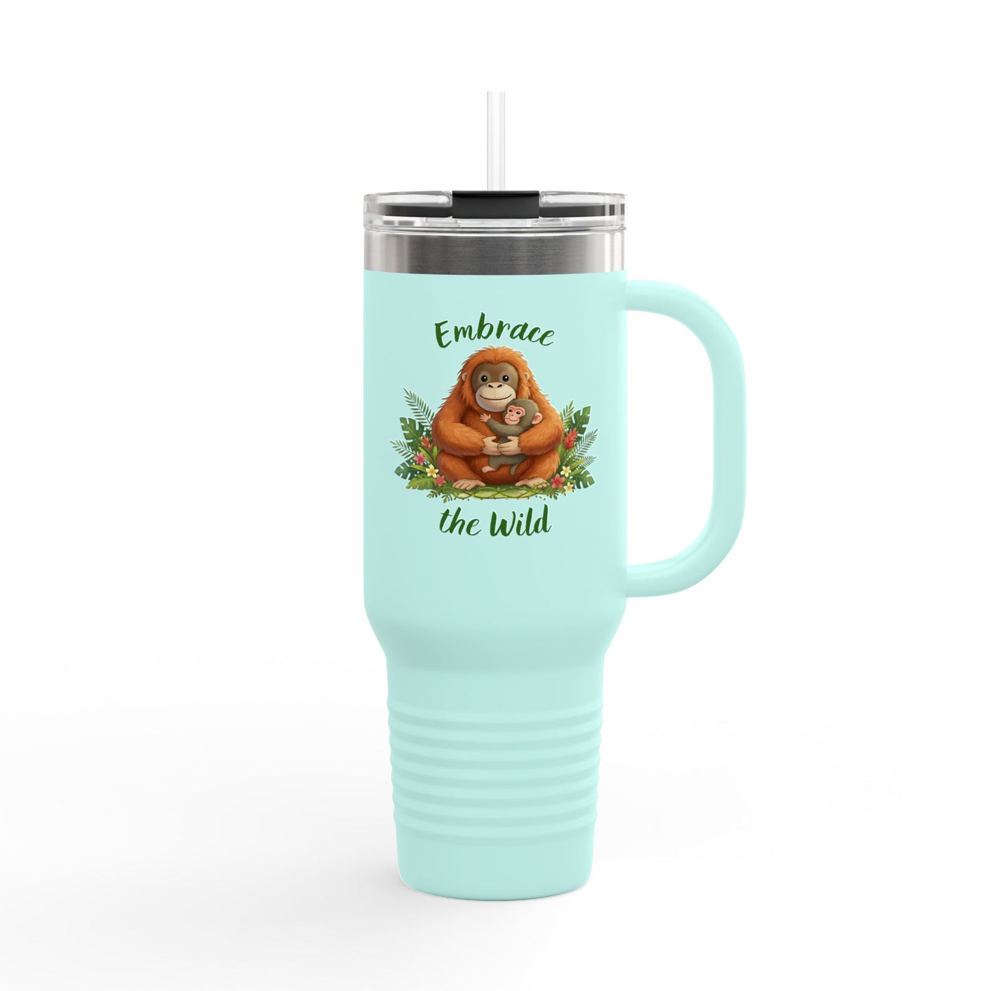 40oz Insulated Travel Mug — Orangutan hugging a Monkey - "Embrace the Wild" Design