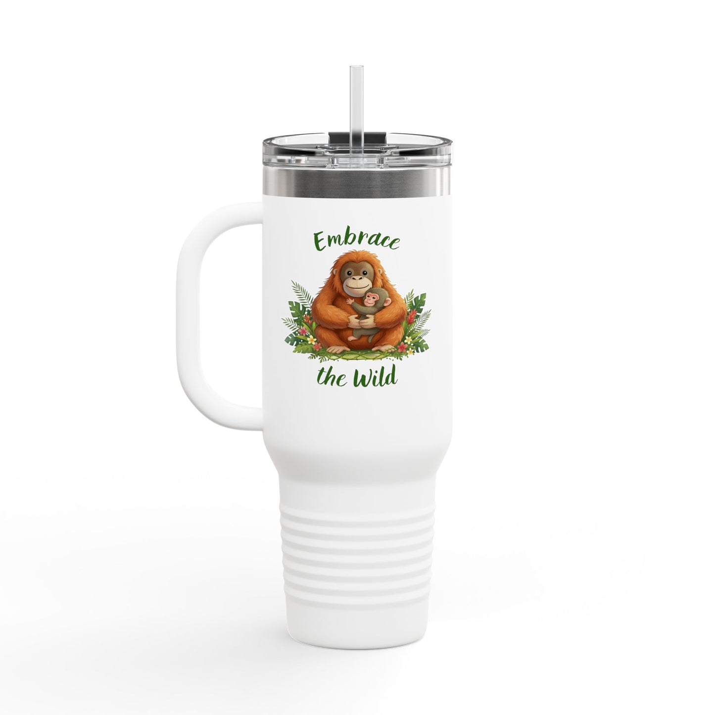 40oz Insulated Travel Mug — Orangutan hugging a Monkey - "Embrace the Wild" Design